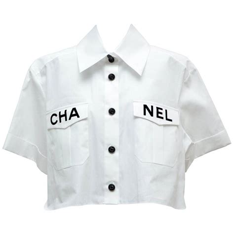 chanel white button up crop top|chanel tops.